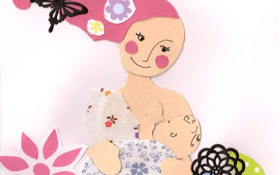 image depicts pink haired happy mama breastfeeding her young baby as a collage