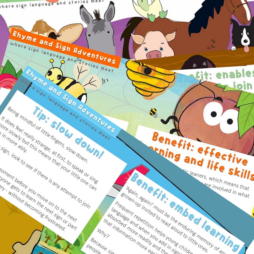 image shows 3 printable sheets which explain the benefits of signed stories and tips to help children enjoy learning sign language at home, for early years settings, schools and libraries