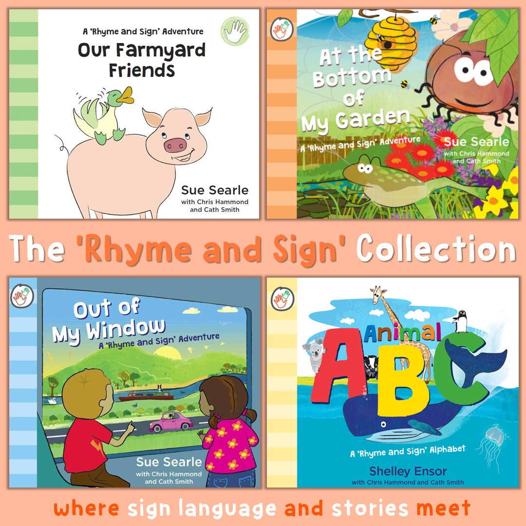 Image shows a series of four young childrens early years picture books supported with sign language throughout. Book 1 is a farm themed sign language book, book 2 is a mini beast themed sign language book, book 3 is a transport themed sign language book and book 4 is the sign language alphabet with an animal theme