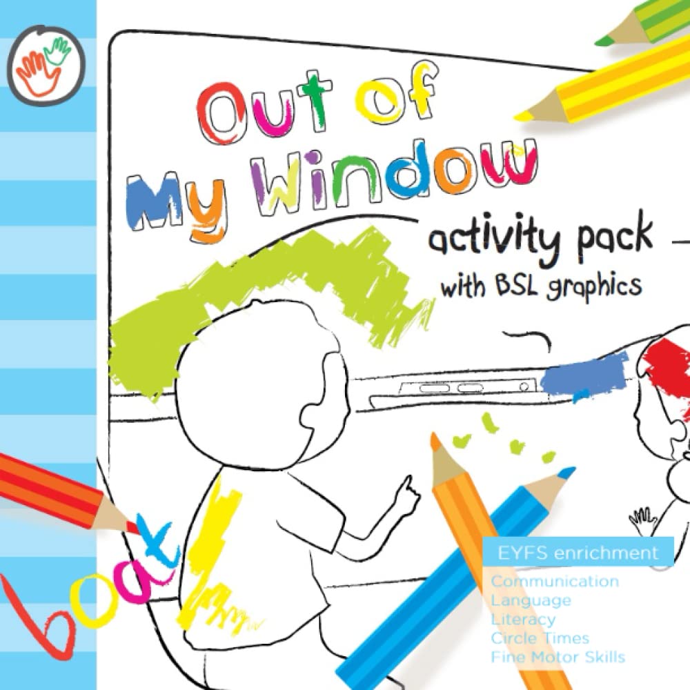 Image shows a bright and cheerful cover of a colouring book about transport / things that go; there are colouring pencils and black and white pictures partially coloured in and information about what is inside; early years communication, literacy, language, circle times, plus british sign language transport / things that go signs and fingerspellings.